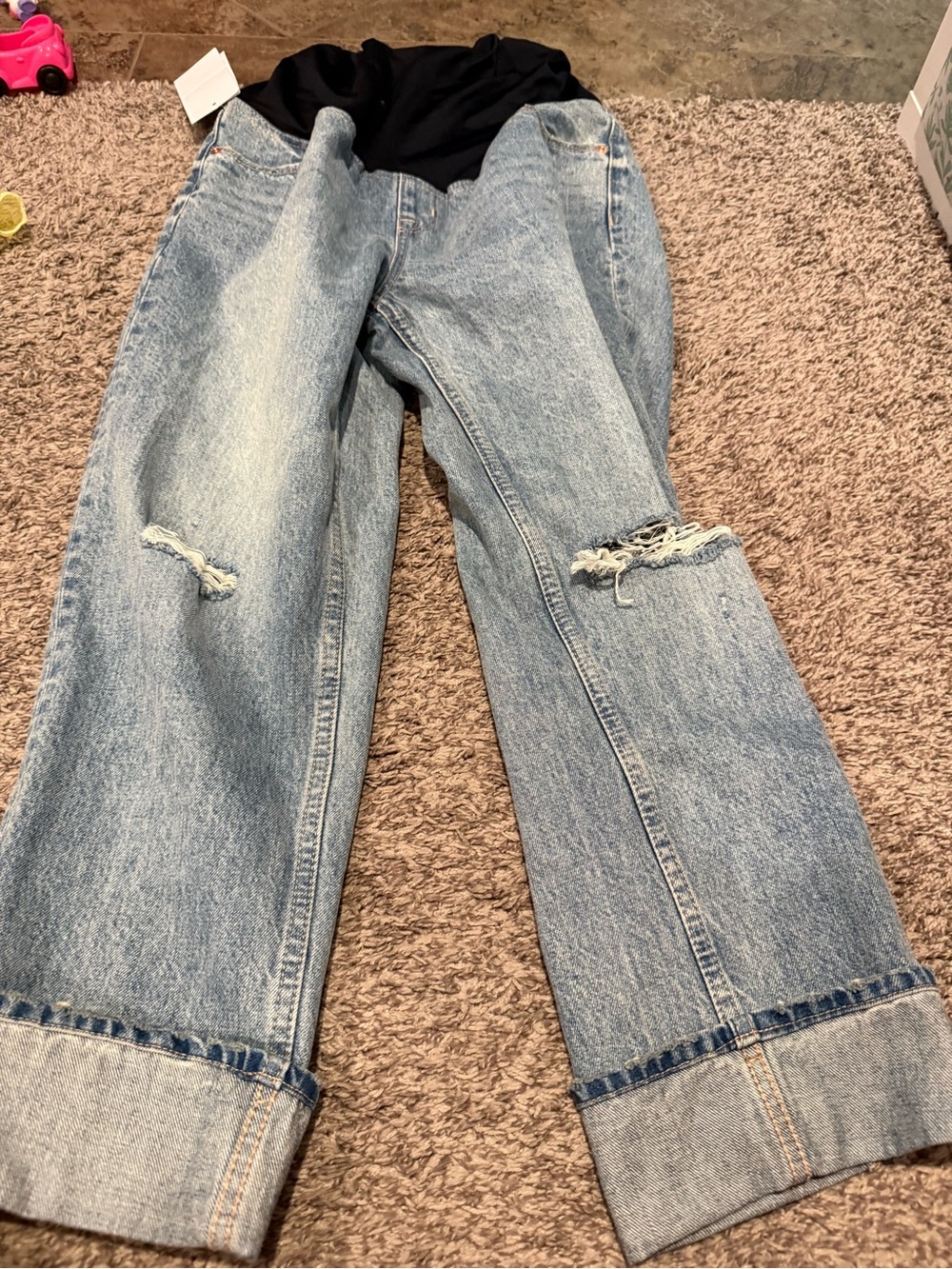 Maternity Wide-Leg Light Wash Jeans - Light Blue with rips and cuffs